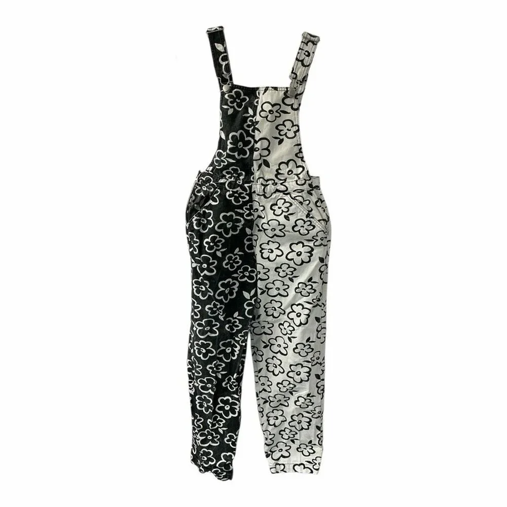 NWOT Forever 21 Women Size Small Black White Colorblock Floral Overalls Jumpsuit - Picture 3 of 5